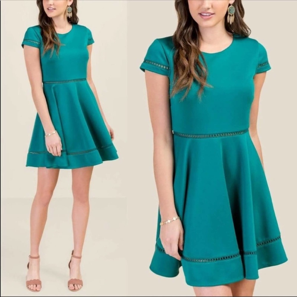 Francesca’s Hope Women's Green Short Sleeve Crochet Trim A-Line Dress M